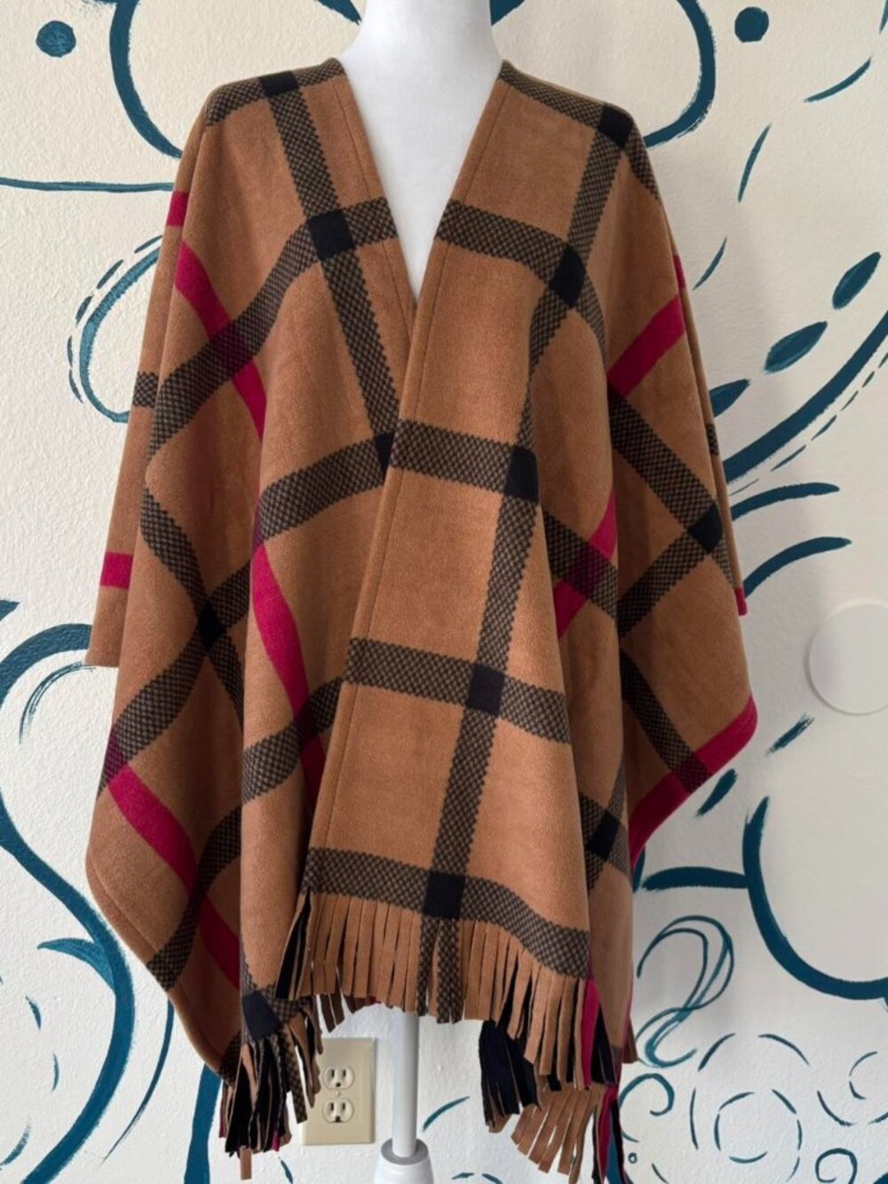 brown black and pink Plaid fringe shawl one size
